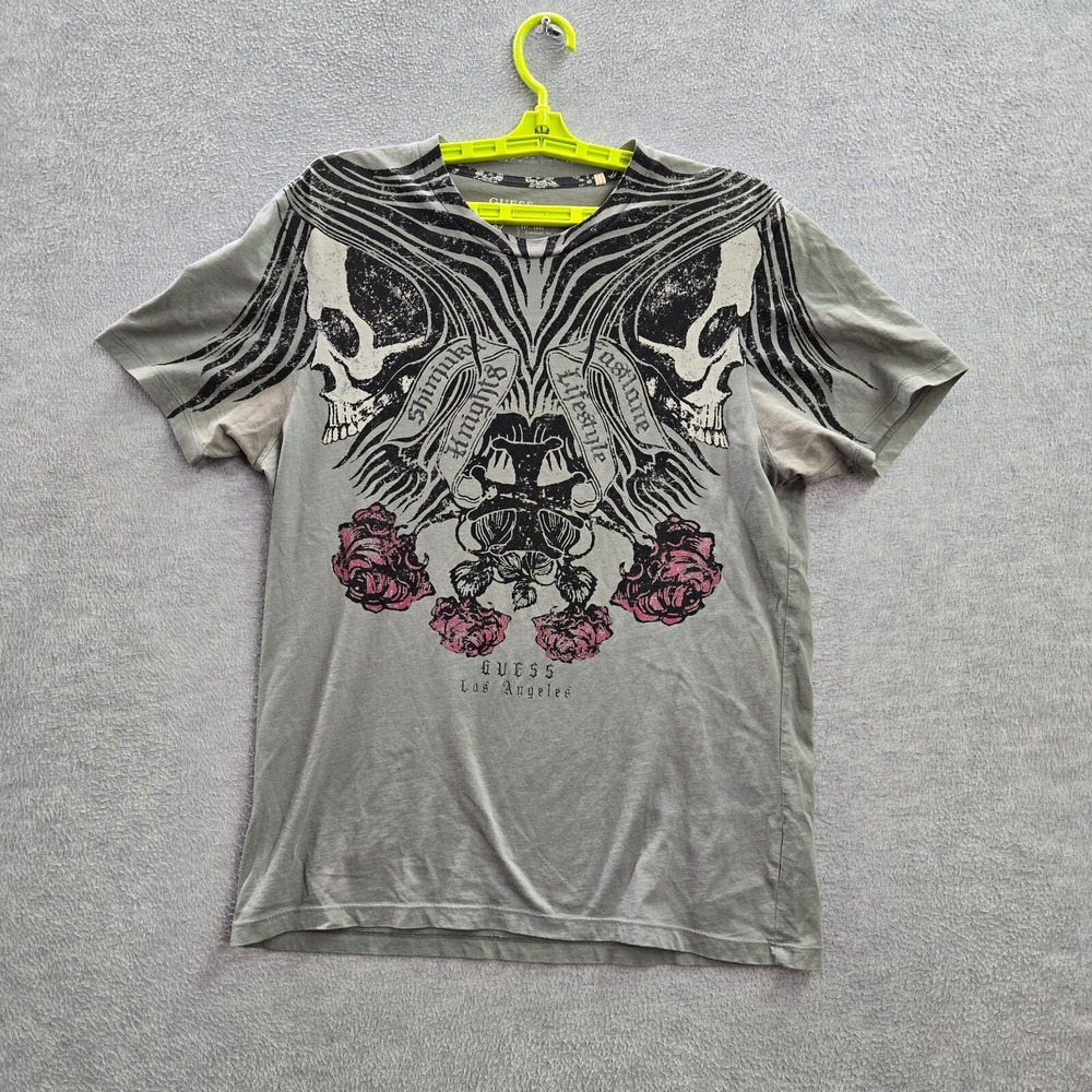 Guess Women Top Medium Gray Shirt Grunge Skull Roses Graphic Y2K Tee